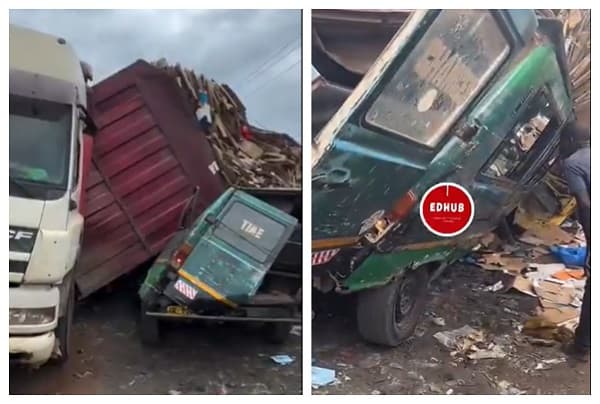 Watch as tipper truck overturns onto Sprinter bus at Agbogbloshie market