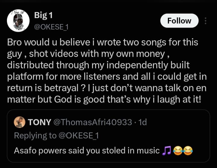 Okese1 Breaks Silence After Asafo Powers’ Shocking Song Theft Allegation